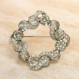 Eisenberg Clear Rhinestone Wreath Brooch Silver Tone Swirl Design Vintage